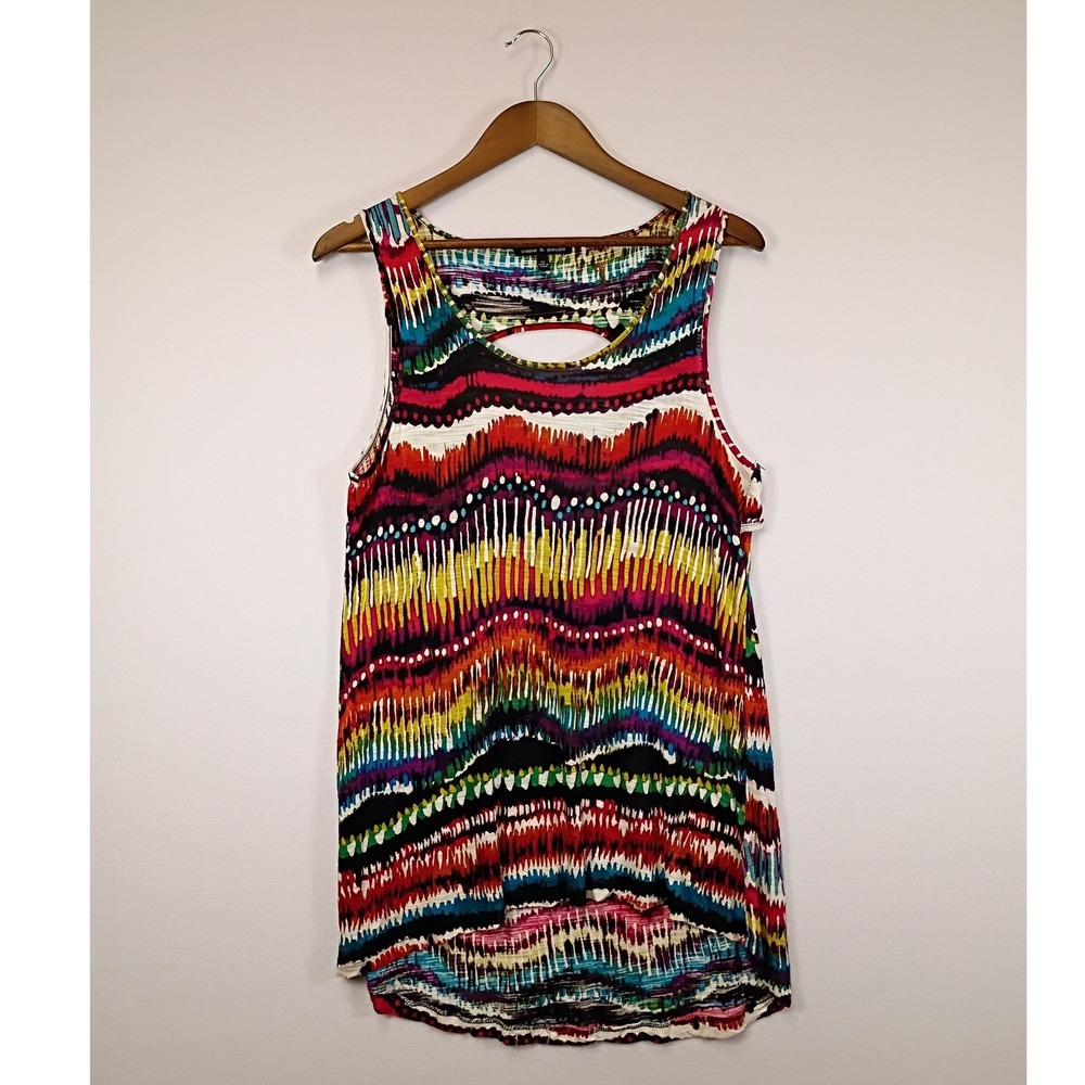 Boho Abstract Cable & Gauge Womens XL Multicolor Zigzag Keyhole Tank Top